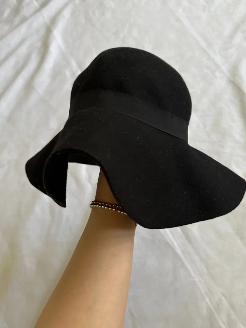 Black Felt Wide Brim Floppy Hat Women's Classic Ribbon Fedora Boho